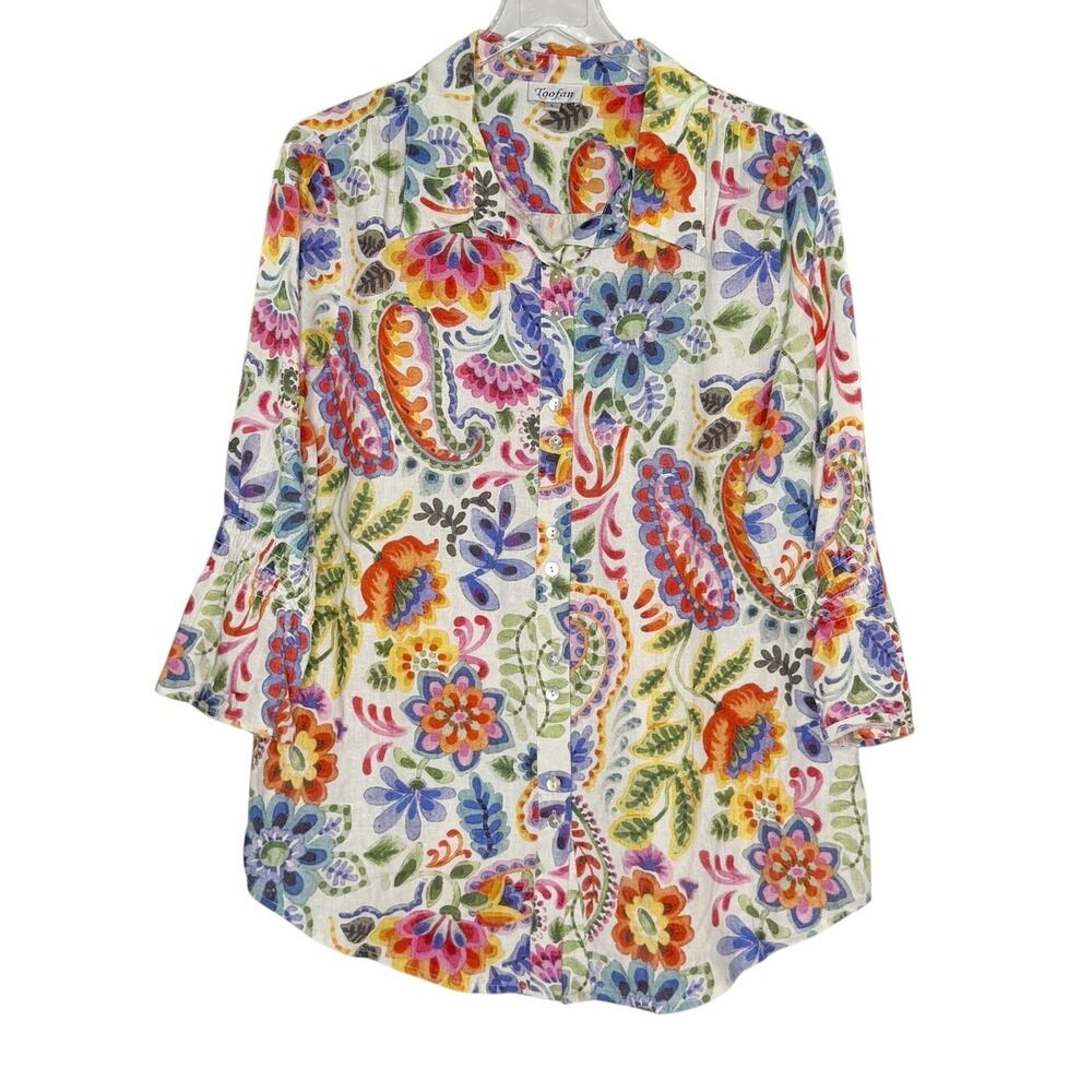 Toofan LP50-8 Linen Blend Tropical Floral Paisley Shirt L Button Front Travel
